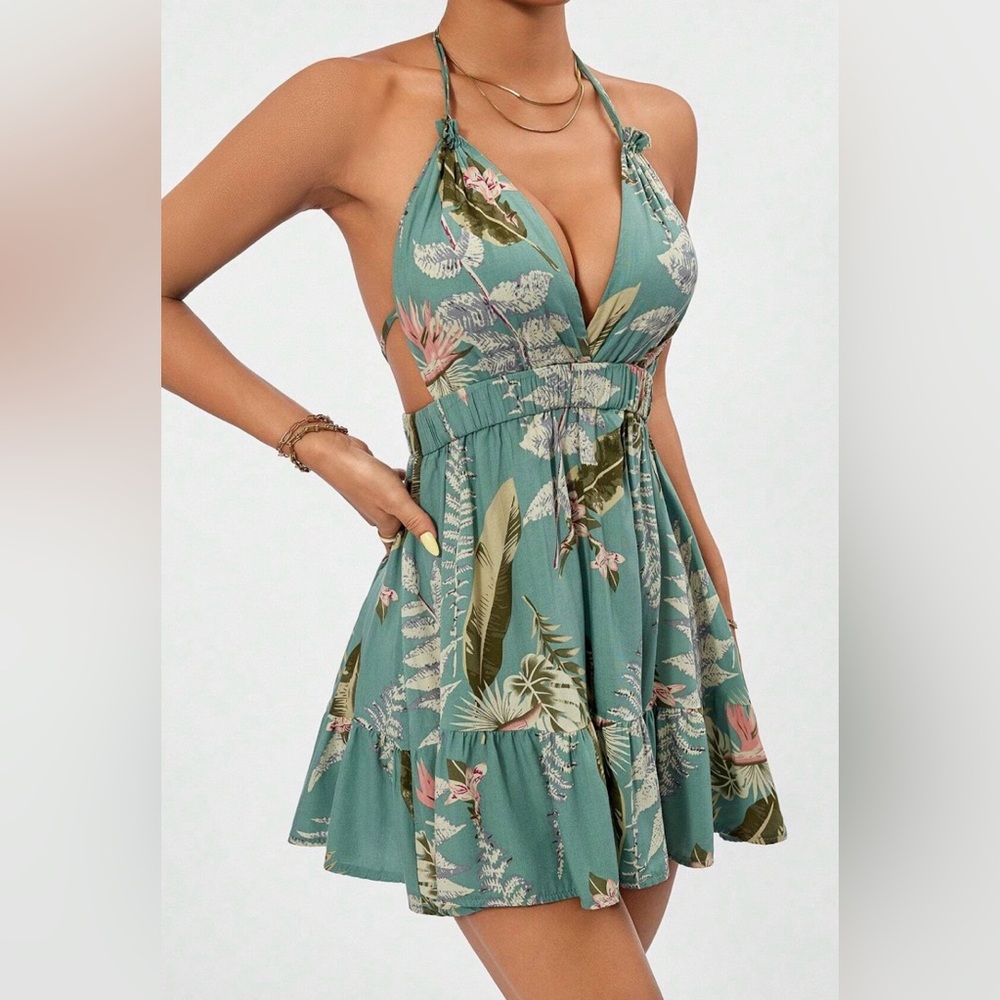 NWOT SHEIN Extra Small Green Blue Multi Tropical Print Halter Tie Back Sexy Mini - Picture 2 of 7